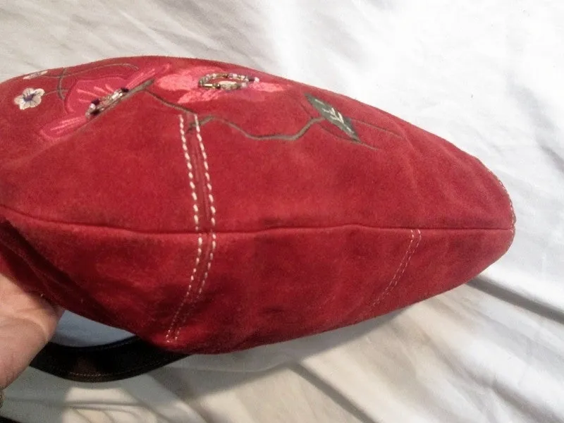 PRESTON & YORK Suede Leather Floral Patch Shoulder Bag Purse M RED WINE