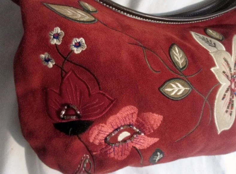 PRESTON & YORK Suede Leather Floral Patch Shoulder Bag Purse M RED WINE