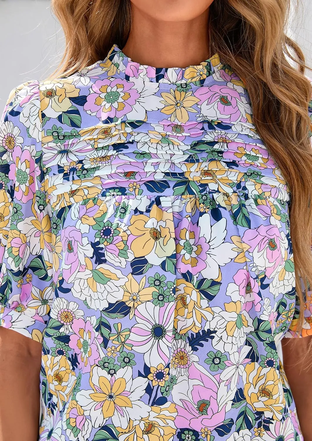 PRETTYGARDEN Floral Tops for Women Blouses Dressy Casual 2025 Summer Trendy Outfits Boho Pleated Short Sleeve Shirts