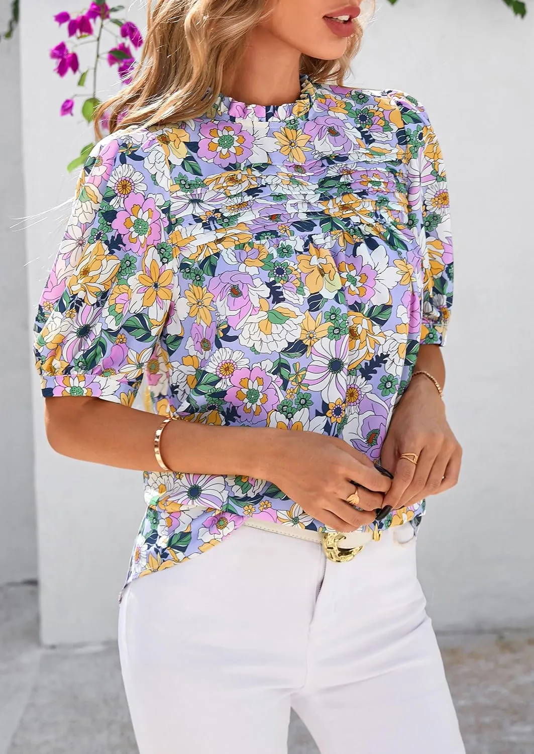 PRETTYGARDEN Floral Tops for Women Blouses Dressy Casual 2025 Summer Trendy Outfits Boho Pleated Short Sleeve Shirts