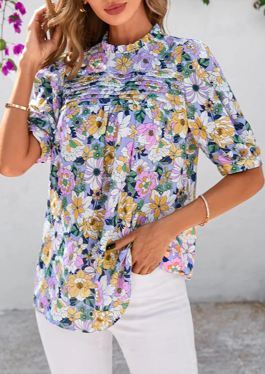 PRETTYGARDEN Floral Tops for Women Blouses Dressy Casual 2025 Summer Trendy Outfits Boho Pleated Short Sleeve Shirts
