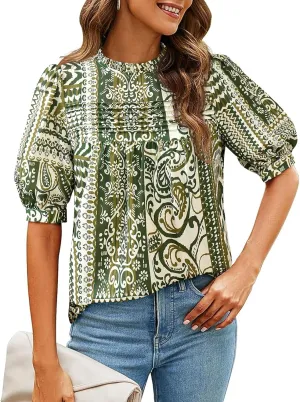 PRETTYGARDEN Floral Tops for Women Blouses Dressy Casual 2025 Summer Trendy Outfits Boho Pleated Short Sleeve Shirts