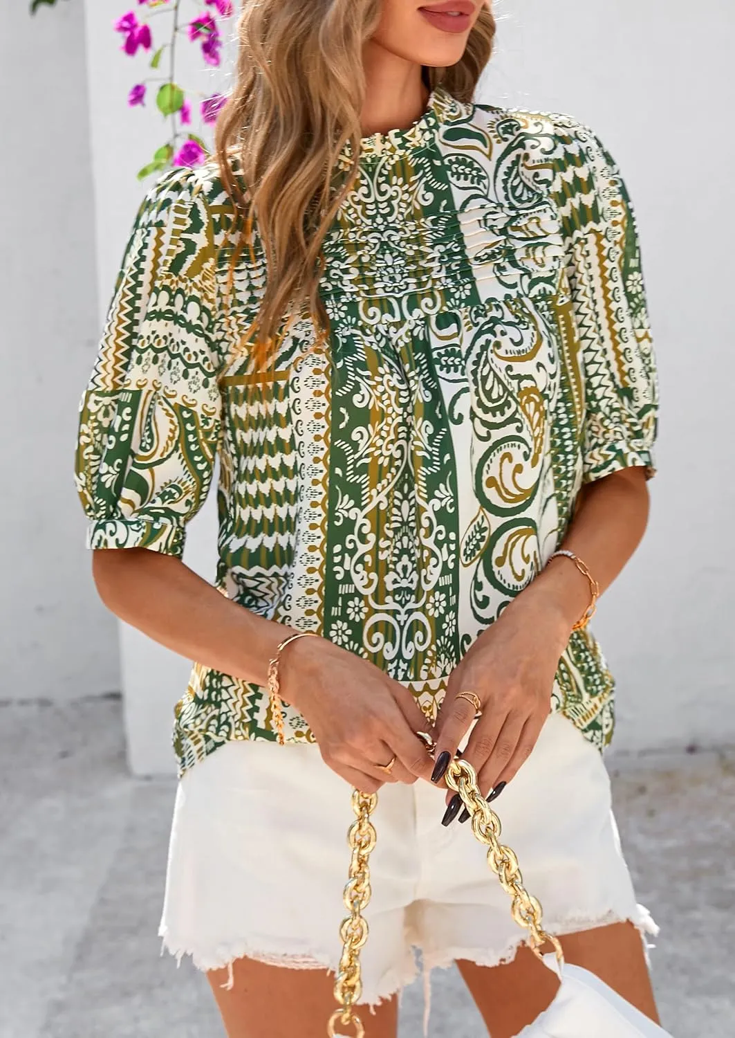 PRETTYGARDEN Floral Tops for Women Blouses Dressy Casual 2025 Summer Trendy Outfits Boho Pleated Short Sleeve Shirts