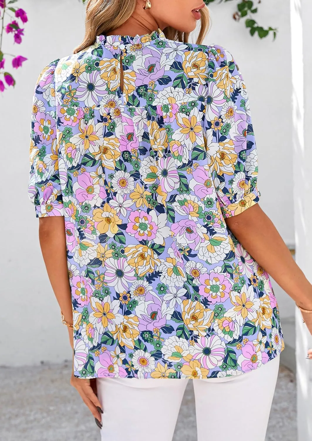 PRETTYGARDEN Floral Tops for Women Blouses Dressy Casual 2025 Summer Trendy Outfits Boho Pleated Short Sleeve Shirts