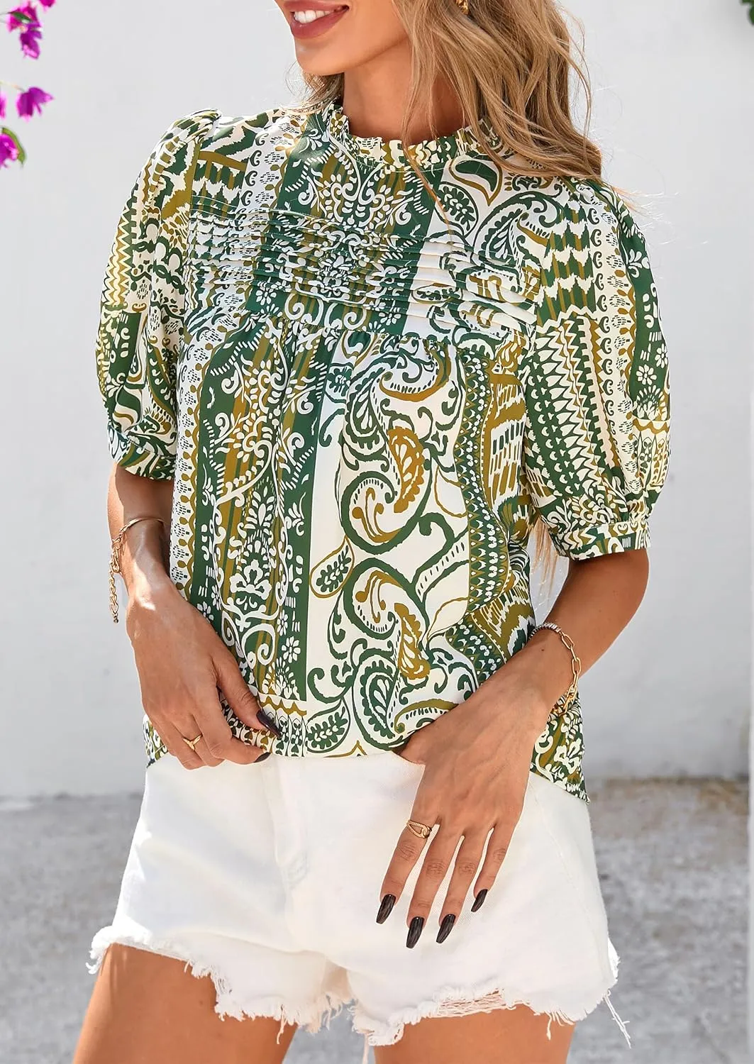 PRETTYGARDEN Floral Tops for Women Blouses Dressy Casual 2025 Summer Trendy Outfits Boho Pleated Short Sleeve Shirts