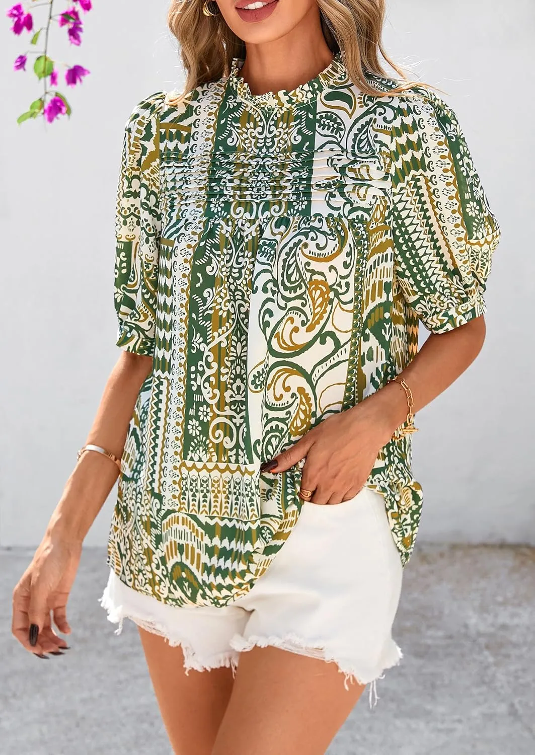 PRETTYGARDEN Floral Tops for Women Blouses Dressy Casual 2025 Summer Trendy Outfits Boho Pleated Short Sleeve Shirts