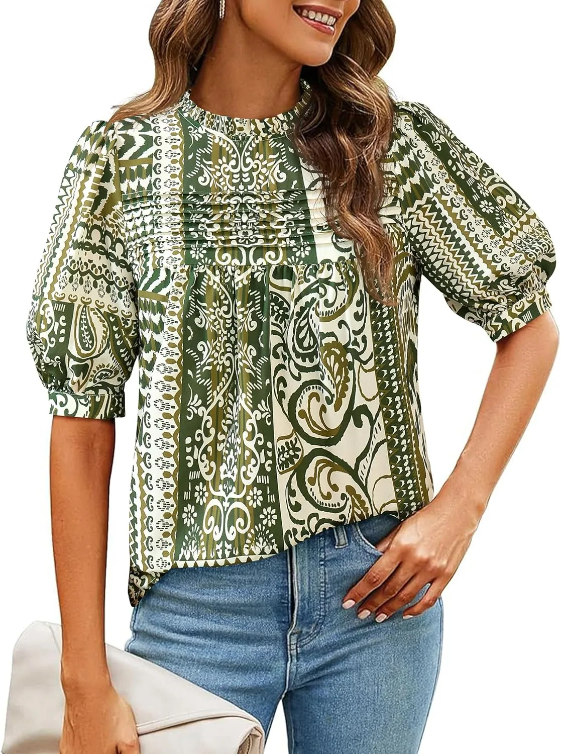 PRETTYGARDEN Floral Tops for Women Blouses Dressy Casual 2025 Summer Trendy Outfits Boho Pleated Short Sleeve Shirts