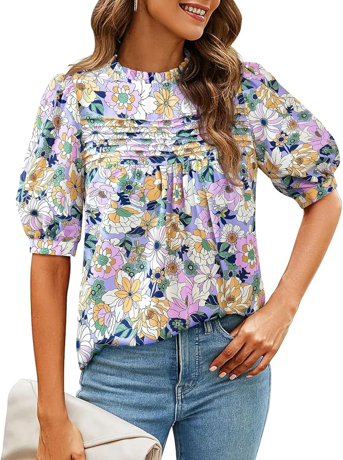 PRETTYGARDEN Floral Tops for Women Blouses Dressy Casual 2025 Summer Trendy Outfits Boho Pleated Short Sleeve Shirts