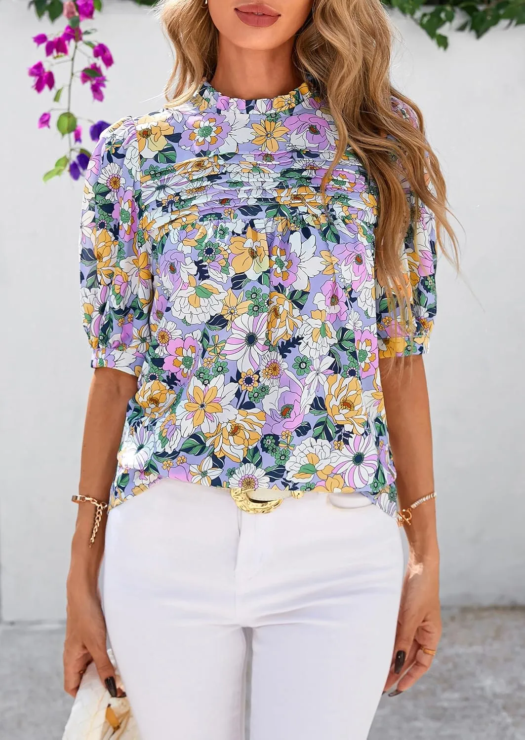 PRETTYGARDEN Floral Tops for Women Blouses Dressy Casual 2025 Summer Trendy Outfits Boho Pleated Short Sleeve Shirts