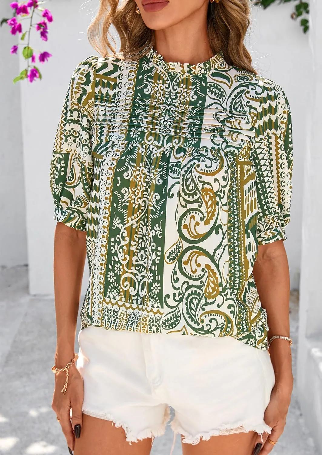 PRETTYGARDEN Floral Tops for Women Blouses Dressy Casual 2025 Summer Trendy Outfits Boho Pleated Short Sleeve Shirts
