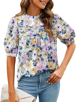 PRETTYGARDEN Floral Tops for Women Blouses Dressy Casual 2025 Summer Trendy Outfits Boho Pleated Short Sleeve Shirts