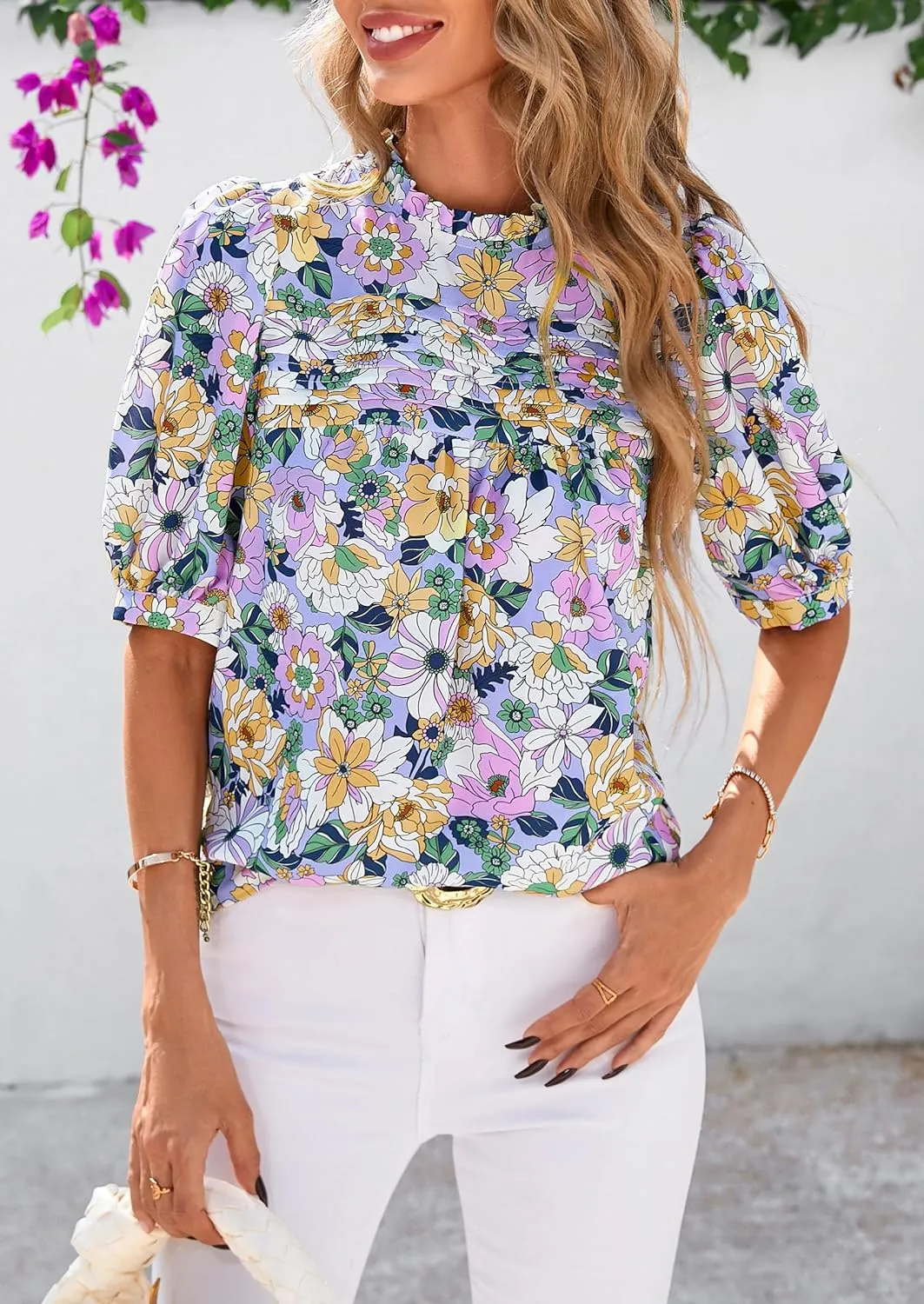 PRETTYGARDEN Floral Tops for Women Blouses Dressy Casual 2025 Summer Trendy Outfits Boho Pleated Short Sleeve Shirts