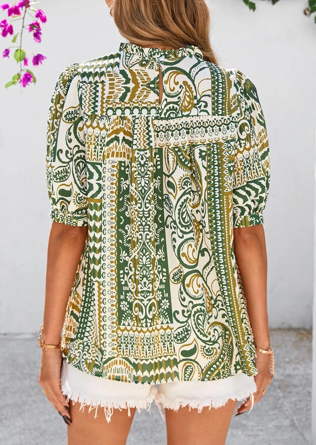 PRETTYGARDEN Floral Tops for Women Blouses Dressy Casual 2025 Summer Trendy Outfits Boho Pleated Short Sleeve Shirts