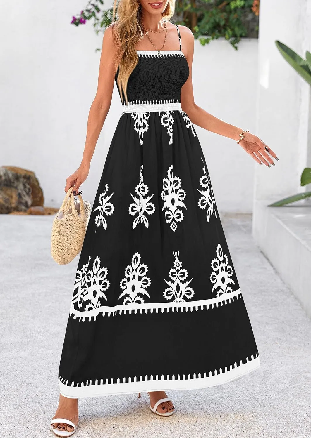 PRETTYGARDEN Summer Dress for Women 2025 Floral Sundress Spaghetti Strap Flowy Beach Vacation Boho Maxi Dresses