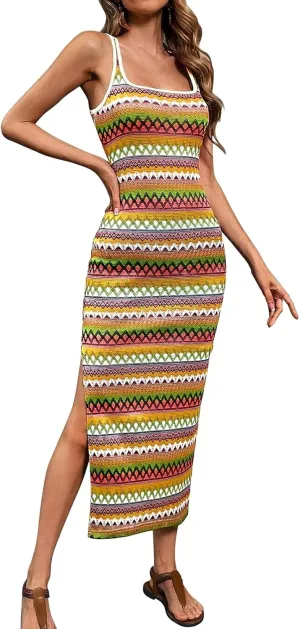 PRETTYGARDEN Tank Dress for Women 2025 Summer Casual Striped Maxi Dresses Fitted Square Neck Beach Vacation Bohemian Sundress