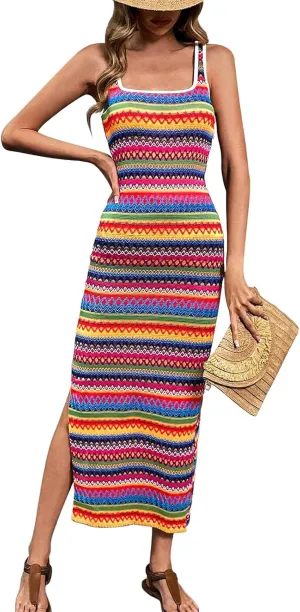 PRETTYGARDEN Tank Dress for Women 2025 Summer Casual Striped Maxi Dresses Fitted Square Neck Beach Vacation Bohemian Sundress