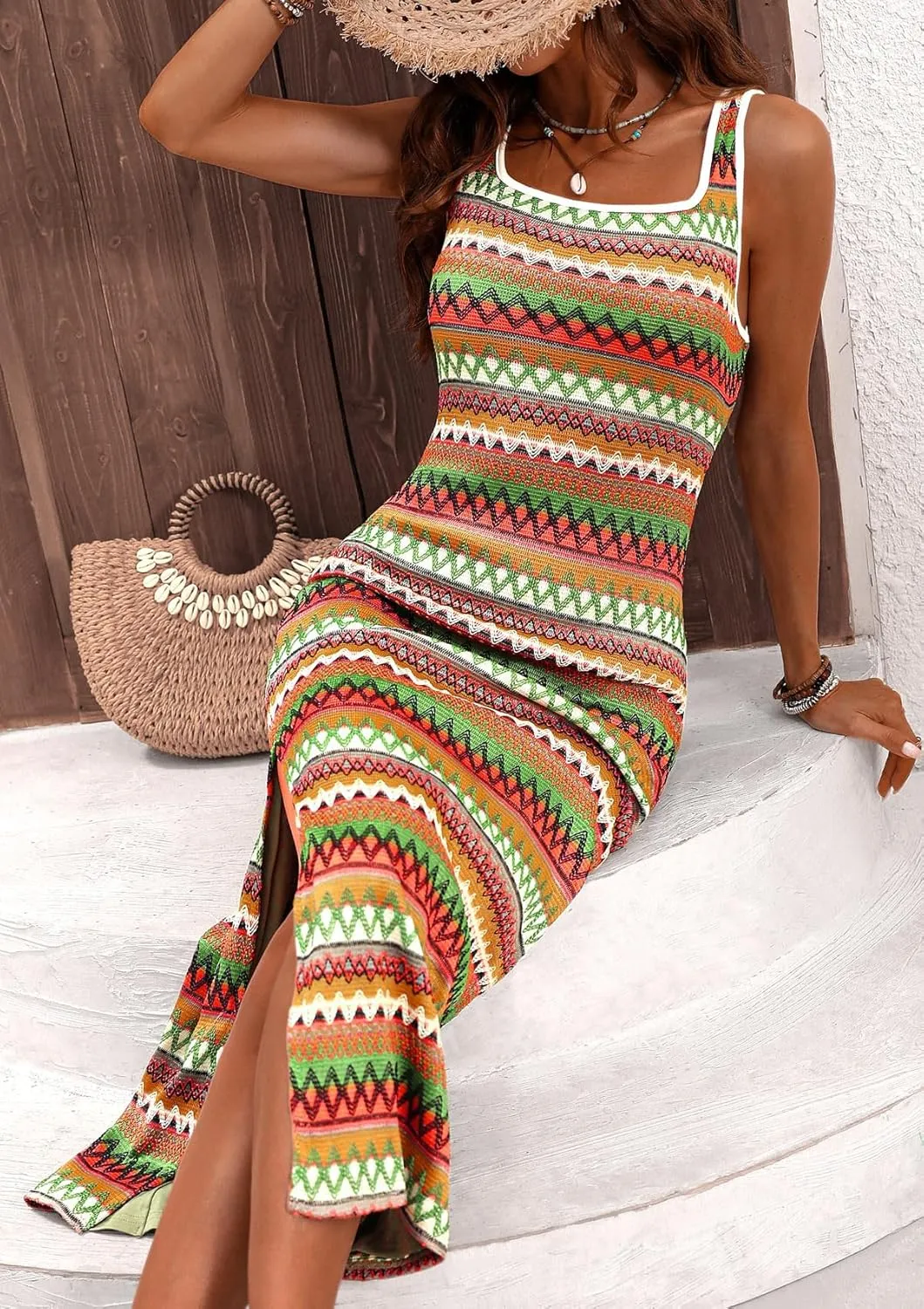 PRETTYGARDEN Tank Dress for Women 2025 Summer Casual Striped Maxi Dresses Fitted Square Neck Beach Vacation Bohemian Sundress