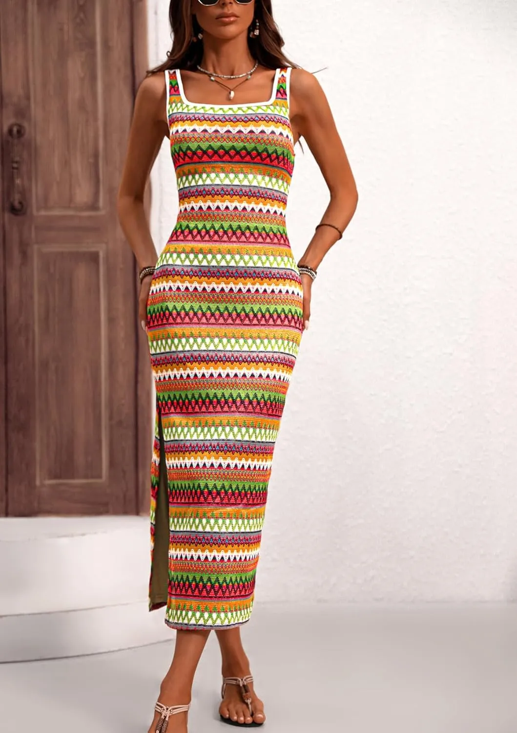 PRETTYGARDEN Tank Dress for Women 2025 Summer Casual Striped Maxi Dresses Fitted Square Neck Beach Vacation Bohemian Sundress