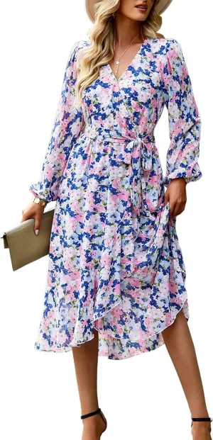 PRETTYGARDEN Women's Floral Print Boho Dress Long Sleeve Wrap V Neck Ruffle Belted A-Line Flowy Maxi Dresses