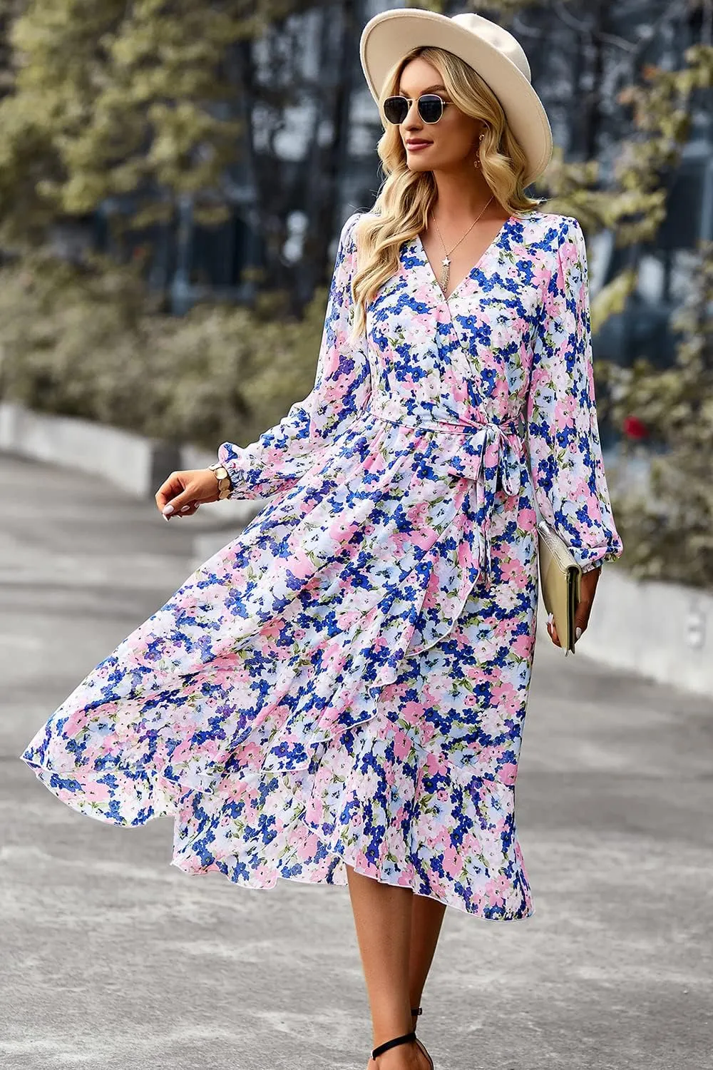 PRETTYGARDEN Women's Floral Print Boho Dress Long Sleeve Wrap V Neck Ruffle Belted A-Line Flowy Maxi Dresses