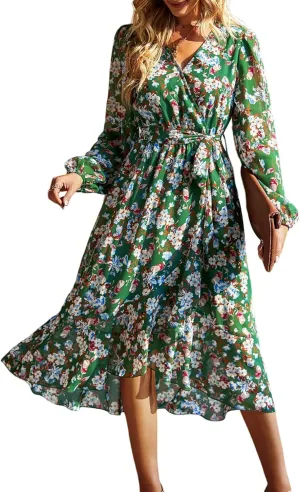 PRETTYGARDEN Women's Floral Print Boho Dress Long Sleeve Wrap V Neck Ruffle Belted A-Line Flowy Maxi Dresses