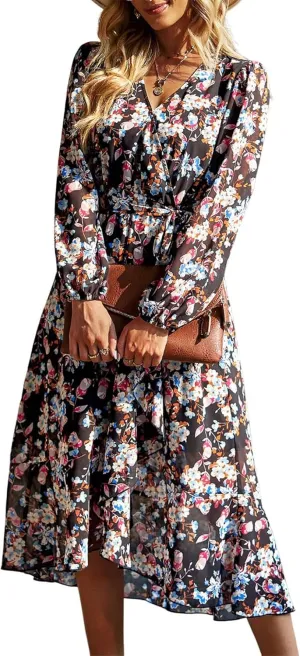 PRETTYGARDEN Women's Floral Print Boho Dress Long Sleeve Wrap V Neck Ruffle Belted A-Line Flowy Maxi Dresses