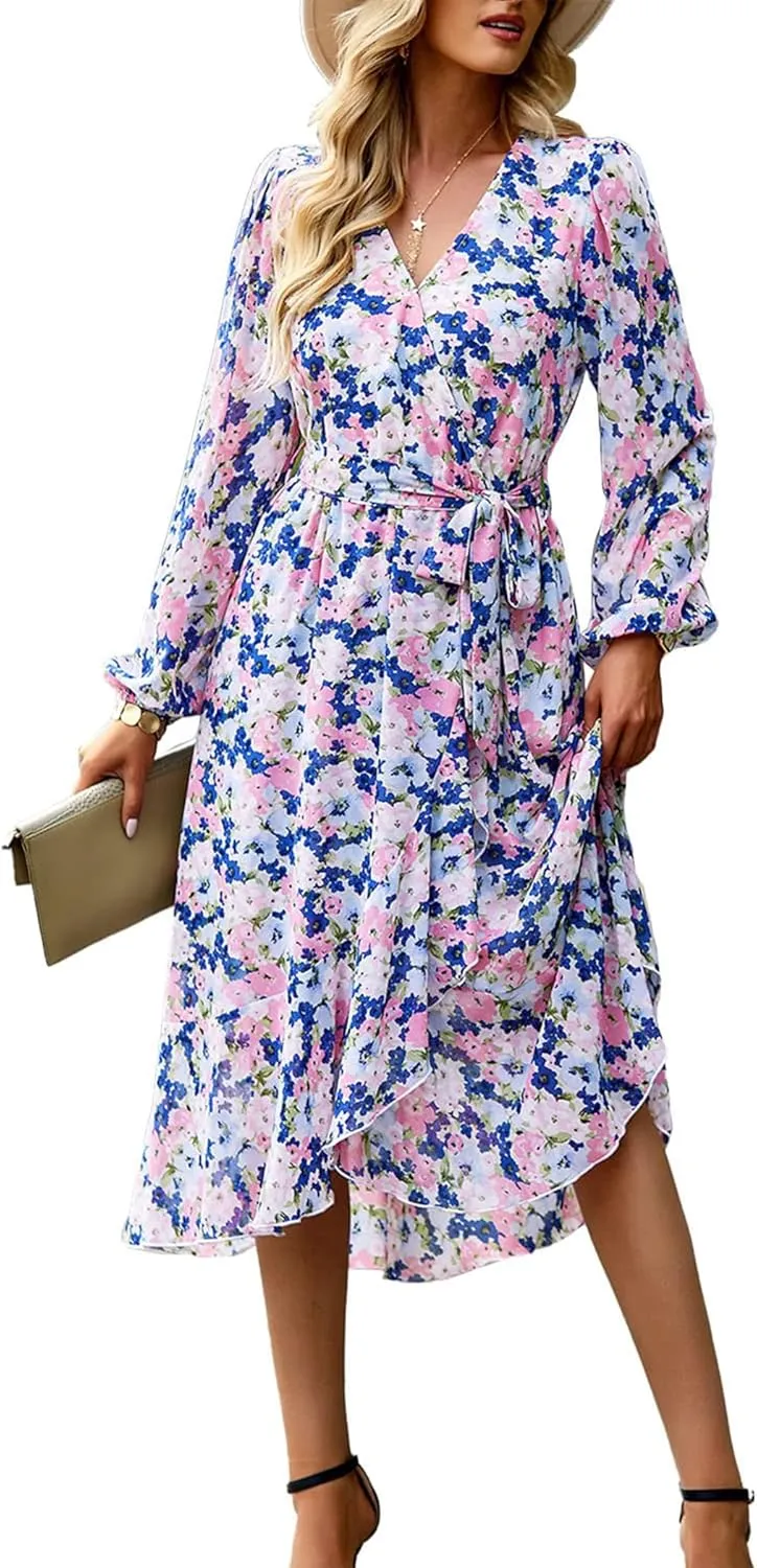 PRETTYGARDEN Women's Floral Print Boho Dress Long Sleeve Wrap V Neck Ruffle Belted A-Line Flowy Maxi Dresses