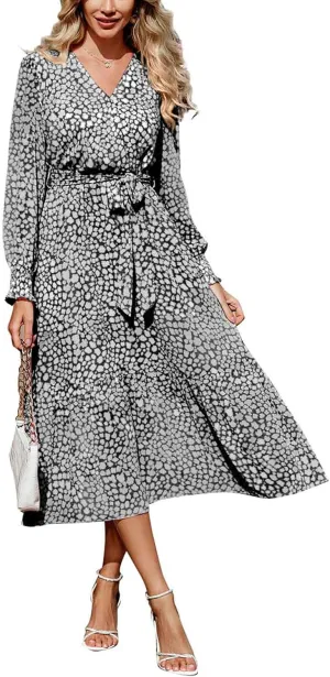 PRETTYGARDEN Women's Floral Print Boho Dress Long Sleeve Wrap V Neck Ruffle Belted A-Line Flowy Maxi Dresses