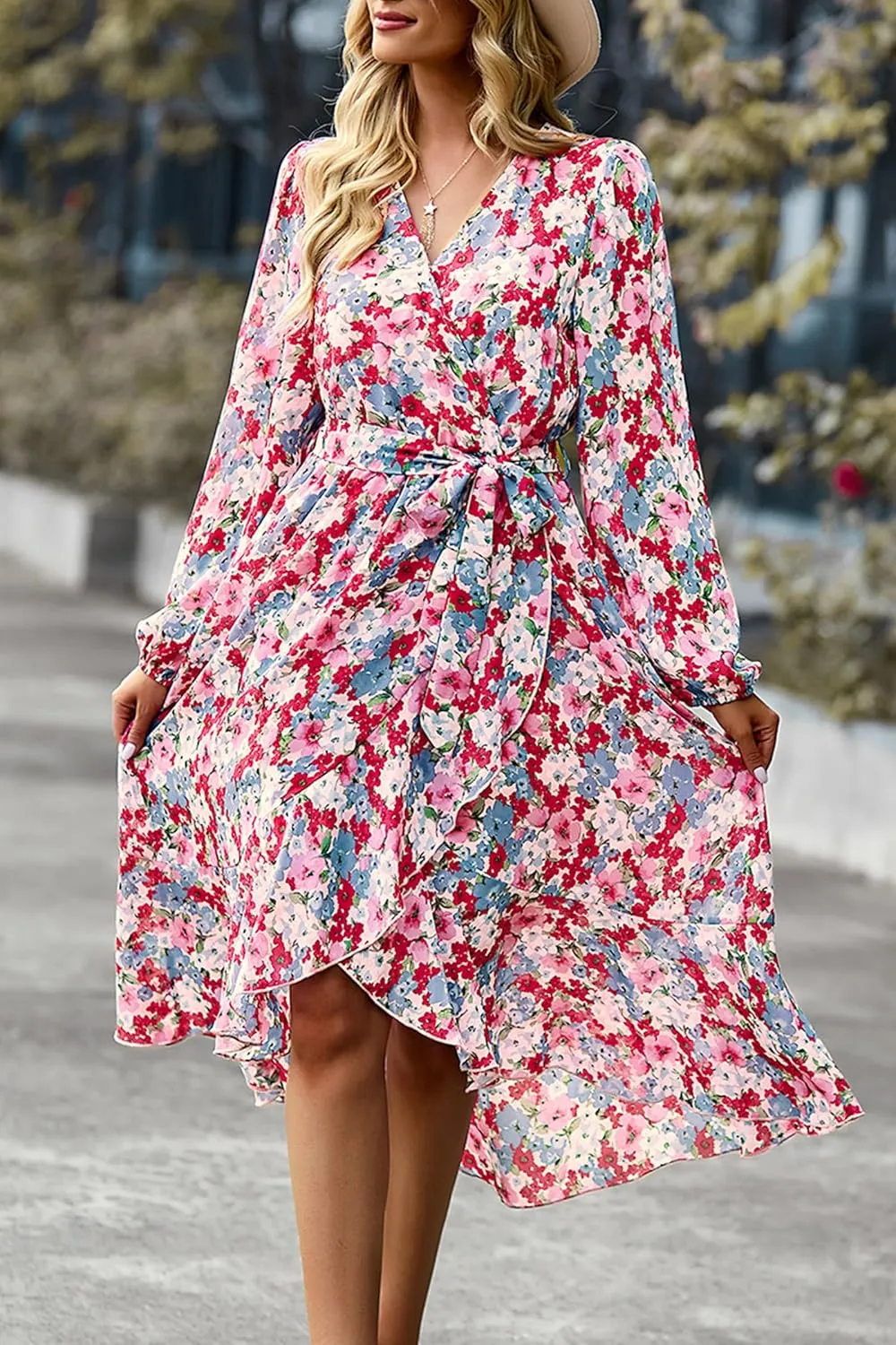 PRETTYGARDEN Women's Long Sleeve Floral Boho Maxi Dress Fall Wrap Belted V Neck Ruffle A-Line Spring Flowy Dresses