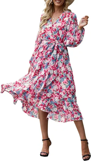 PRETTYGARDEN Women's Long Sleeve Floral Boho Maxi Dress Fall Wrap Belted V Neck Ruffle A-Line Spring Flowy Dresses