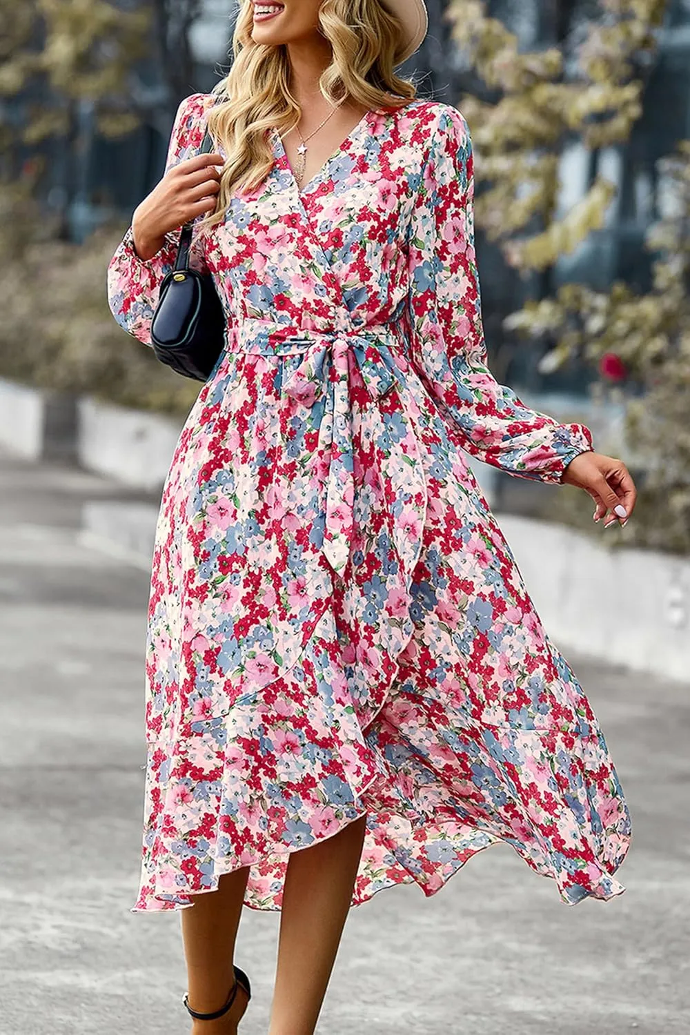 PRETTYGARDEN Women's Long Sleeve Floral Boho Maxi Dress Fall Wrap Belted V Neck Ruffle A-Line Spring Flowy Dresses