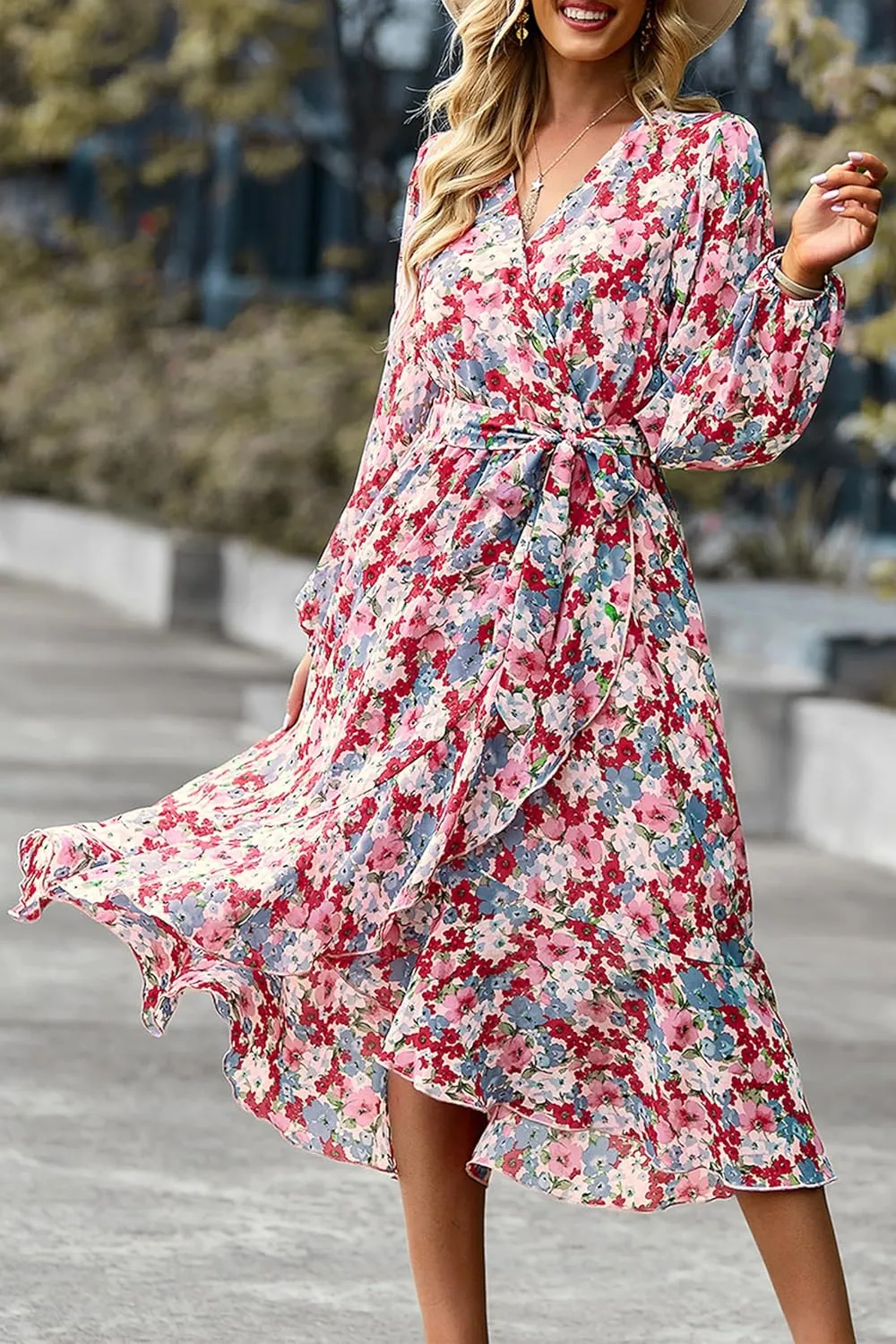 PRETTYGARDEN Women's Long Sleeve Floral Boho Maxi Dress Fall Wrap Belted V Neck Ruffle A-Line Spring Flowy Dresses