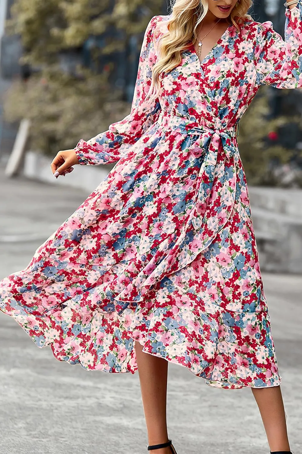 PRETTYGARDEN Women's Long Sleeve Floral Boho Maxi Dress Fall Wrap Belted V Neck Ruffle A-Line Spring Flowy Dresses