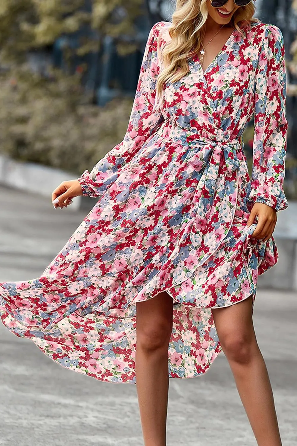 PRETTYGARDEN Women's Long Sleeve Floral Boho Maxi Dress Fall Wrap Belted V Neck Ruffle A-Line Spring Flowy Dresses