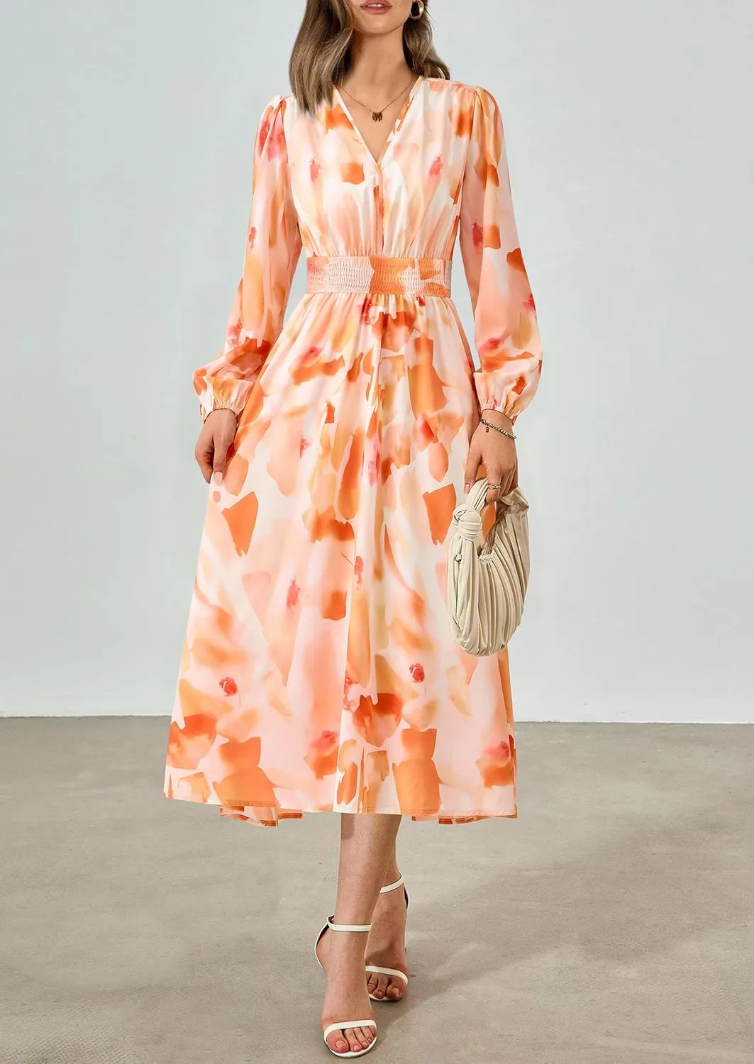PRETTYGARDEN Women's Spring Floral Midi Dress Fall Long Sleeve V Neck Flowy Casual Beach Vacation Wedding Guest Dresses