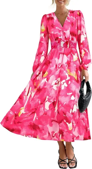 PRETTYGARDEN Women's Spring Floral Midi Dress Fall Long Sleeve V Neck Flowy Casual Beach Vacation Wedding Guest Dresses