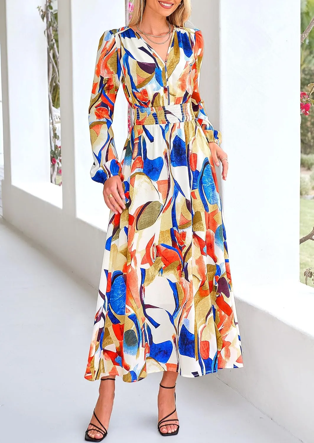 PRETTYGARDEN Women's Spring Floral Midi Dress Fall Long Sleeve V Neck Flowy Casual Beach Vacation Wedding Guest Dresses