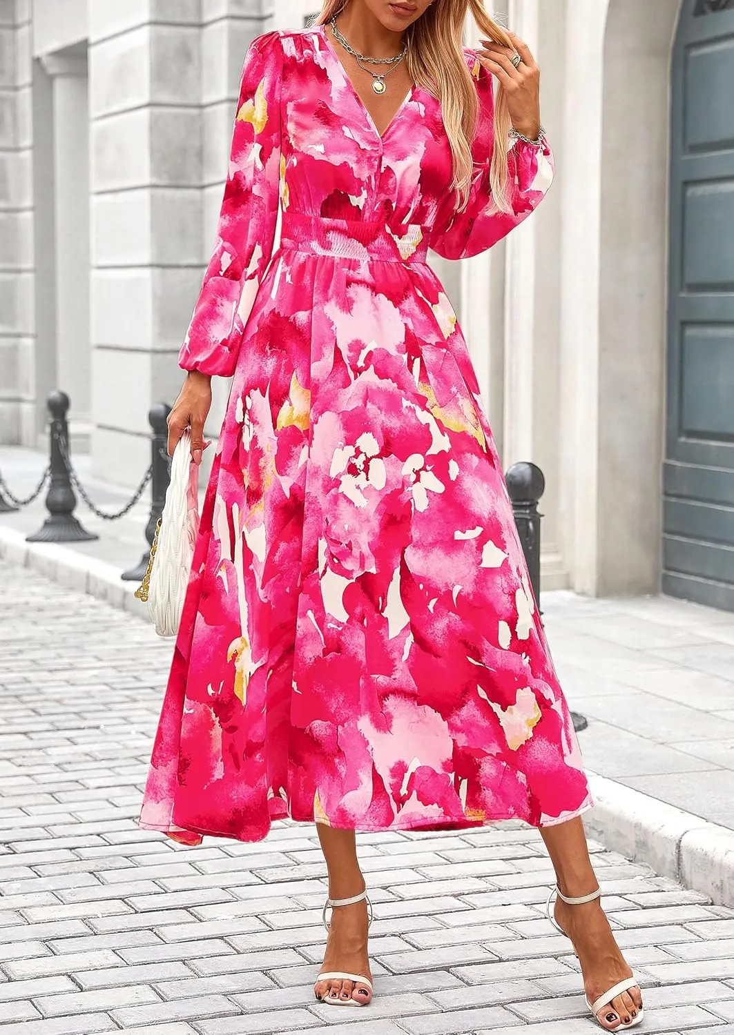 PRETTYGARDEN Women's Spring Floral Midi Dress Fall Long Sleeve V Neck Flowy Casual Beach Vacation Wedding Guest Dresses
