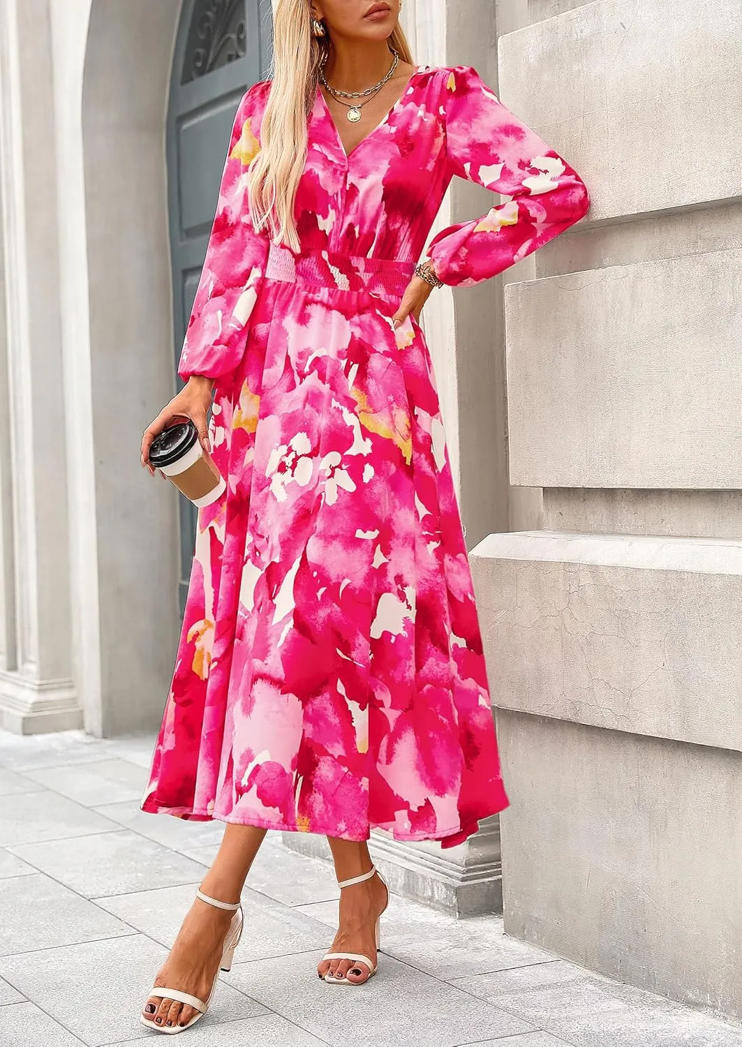 PRETTYGARDEN Women's Spring Floral Midi Dress Fall Long Sleeve V Neck Flowy Casual Beach Vacation Wedding Guest Dresses