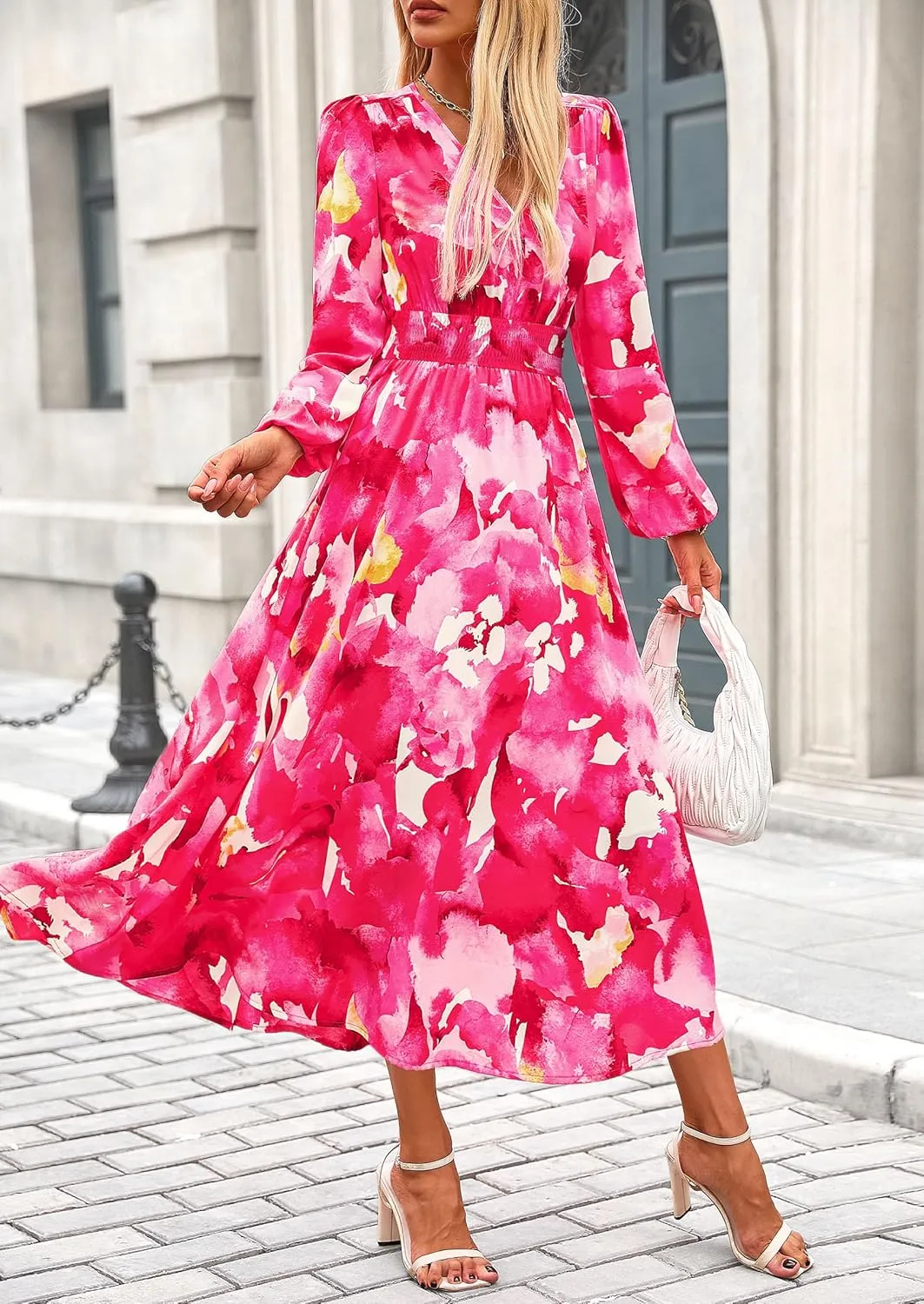 PRETTYGARDEN Women's Spring Floral Midi Dress Fall Long Sleeve V Neck Flowy Casual Beach Vacation Wedding Guest Dresses
