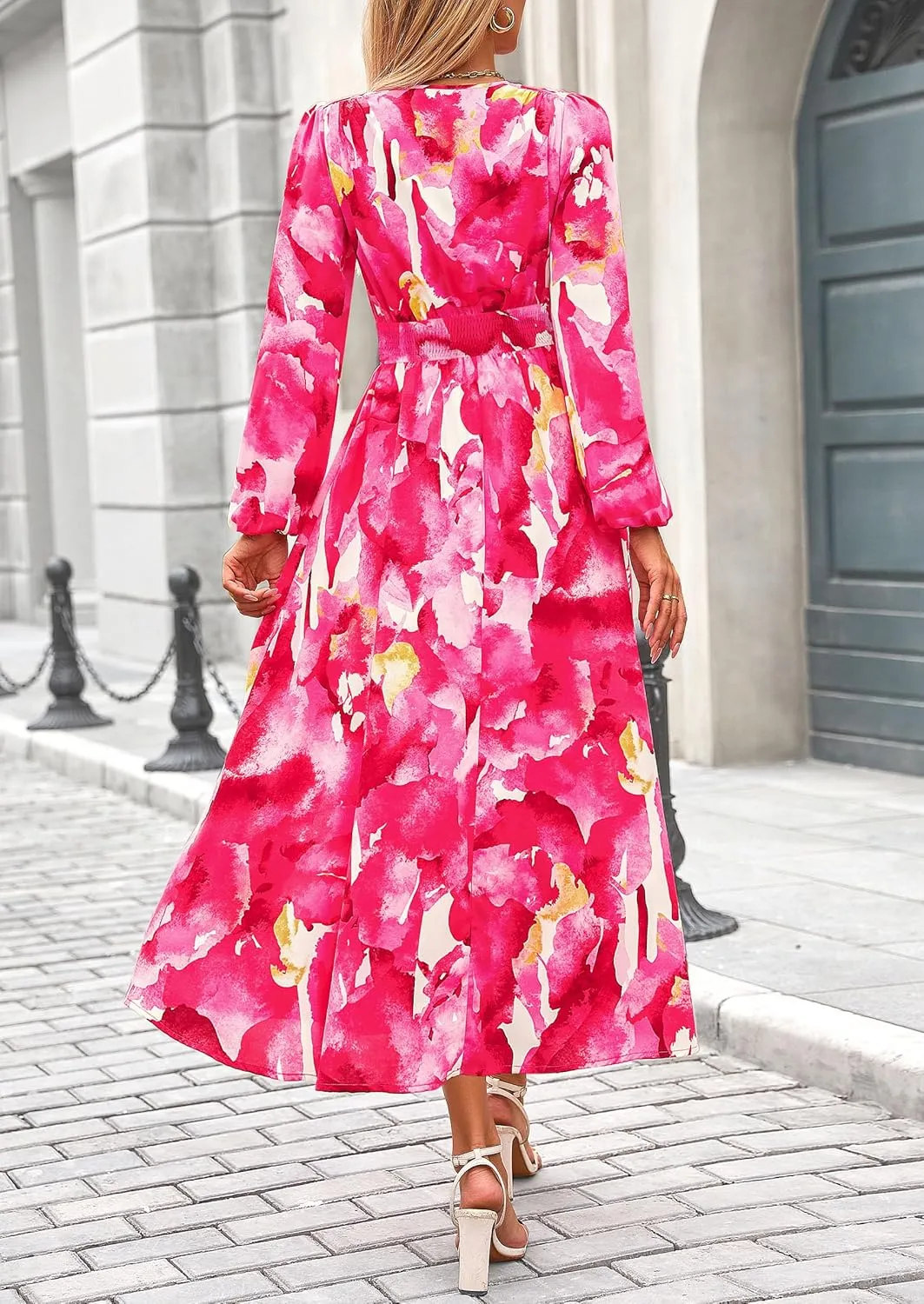 PRETTYGARDEN Women's Spring Floral Midi Dress Fall Long Sleeve V Neck Flowy Casual Beach Vacation Wedding Guest Dresses