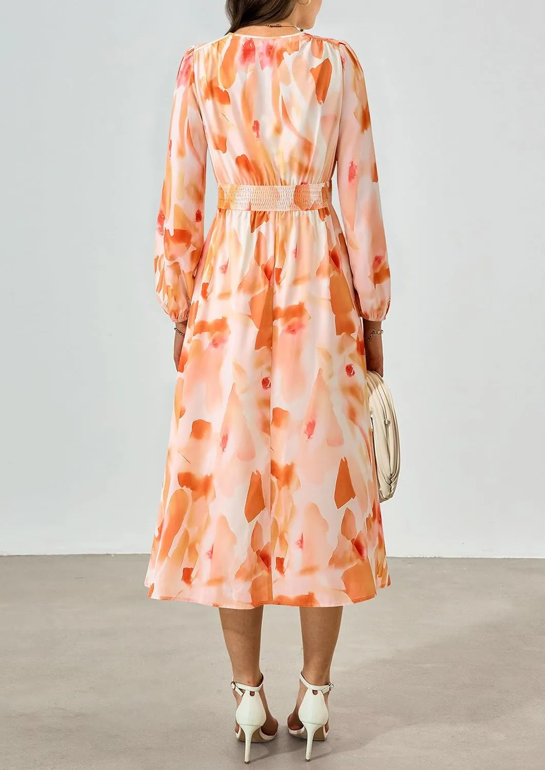 PRETTYGARDEN Women's Spring Floral Midi Dress Fall Long Sleeve V Neck Flowy Casual Beach Vacation Wedding Guest Dresses
