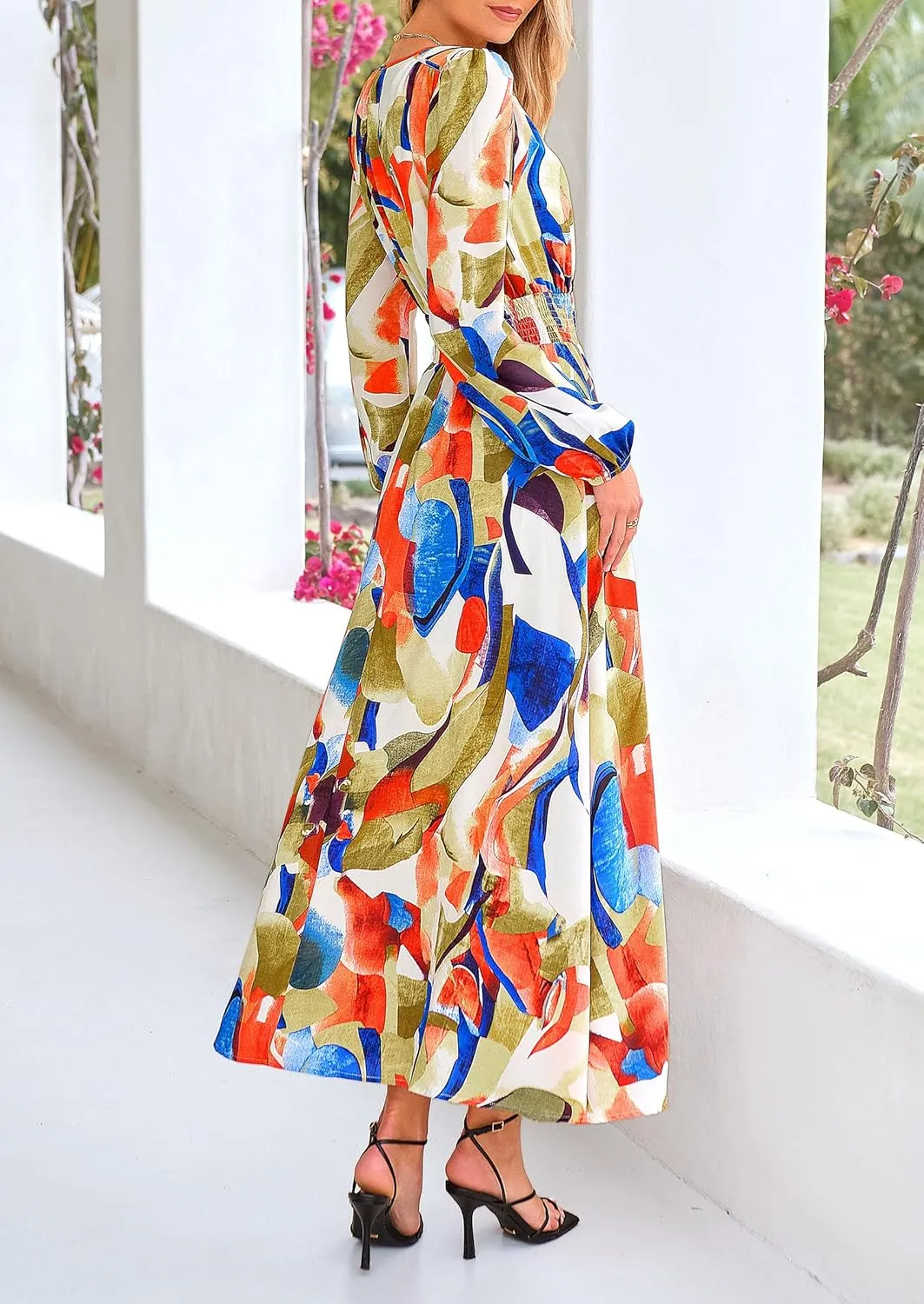 PRETTYGARDEN Women's Spring Floral Midi Dress Fall Long Sleeve V Neck Flowy Casual Beach Vacation Wedding Guest Dresses