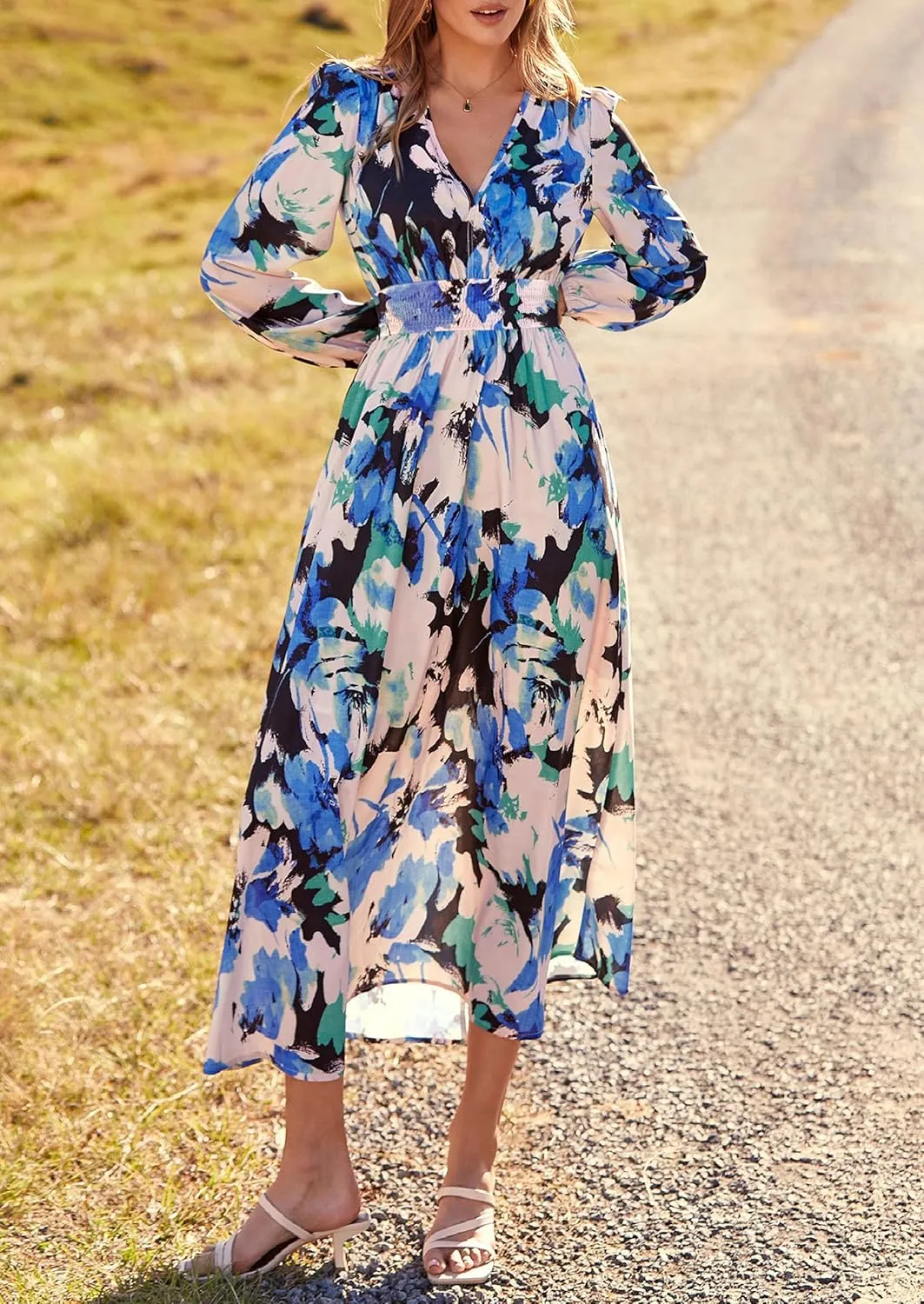 PRETTYGARDEN Women's Spring Floral Midi Dress Fall Long Sleeve V Neck Flowy Casual Beach Vacation Wedding Guest Dresses
