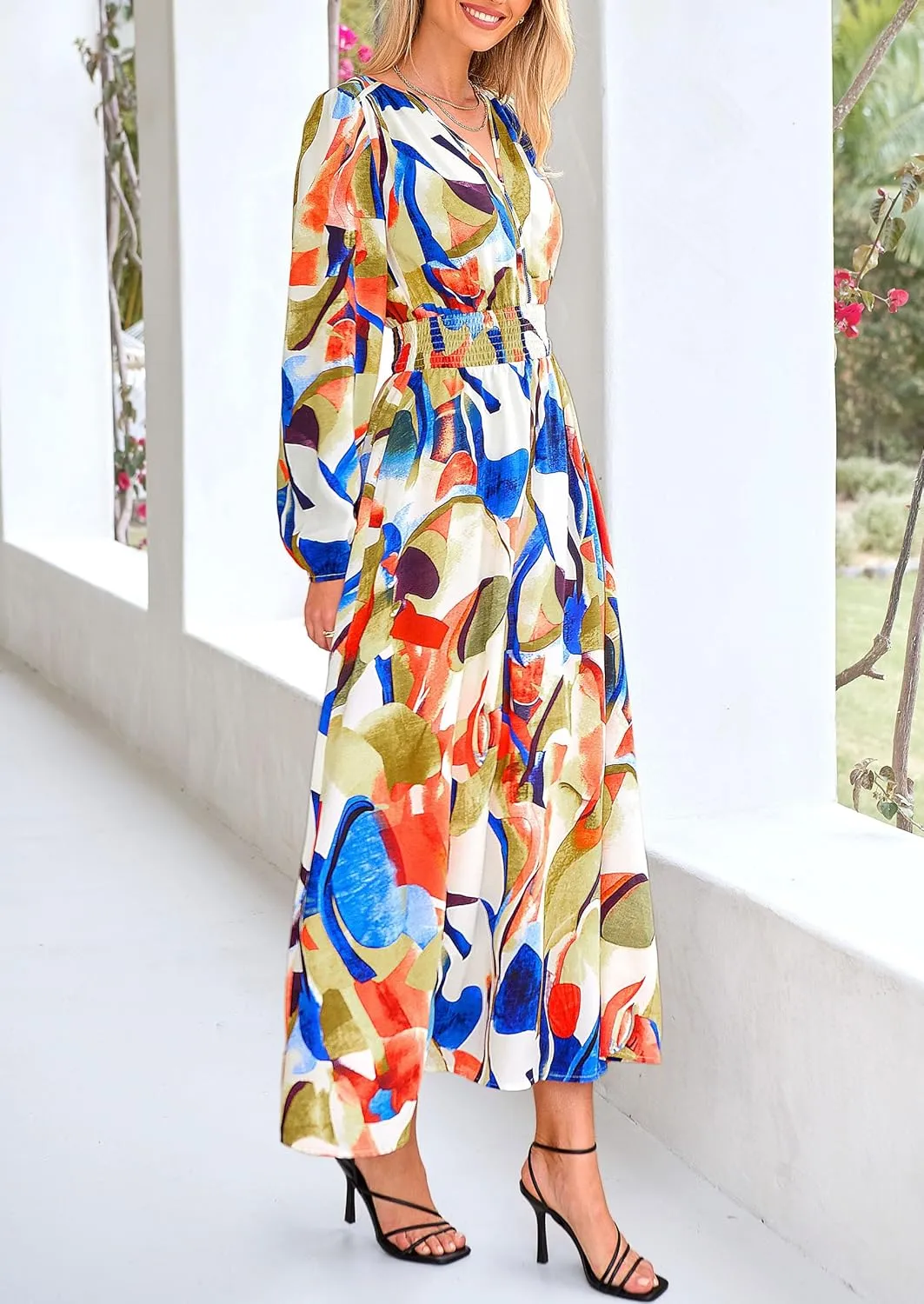 PRETTYGARDEN Women's Spring Floral Midi Dress Fall Long Sleeve V Neck Flowy Casual Beach Vacation Wedding Guest Dresses