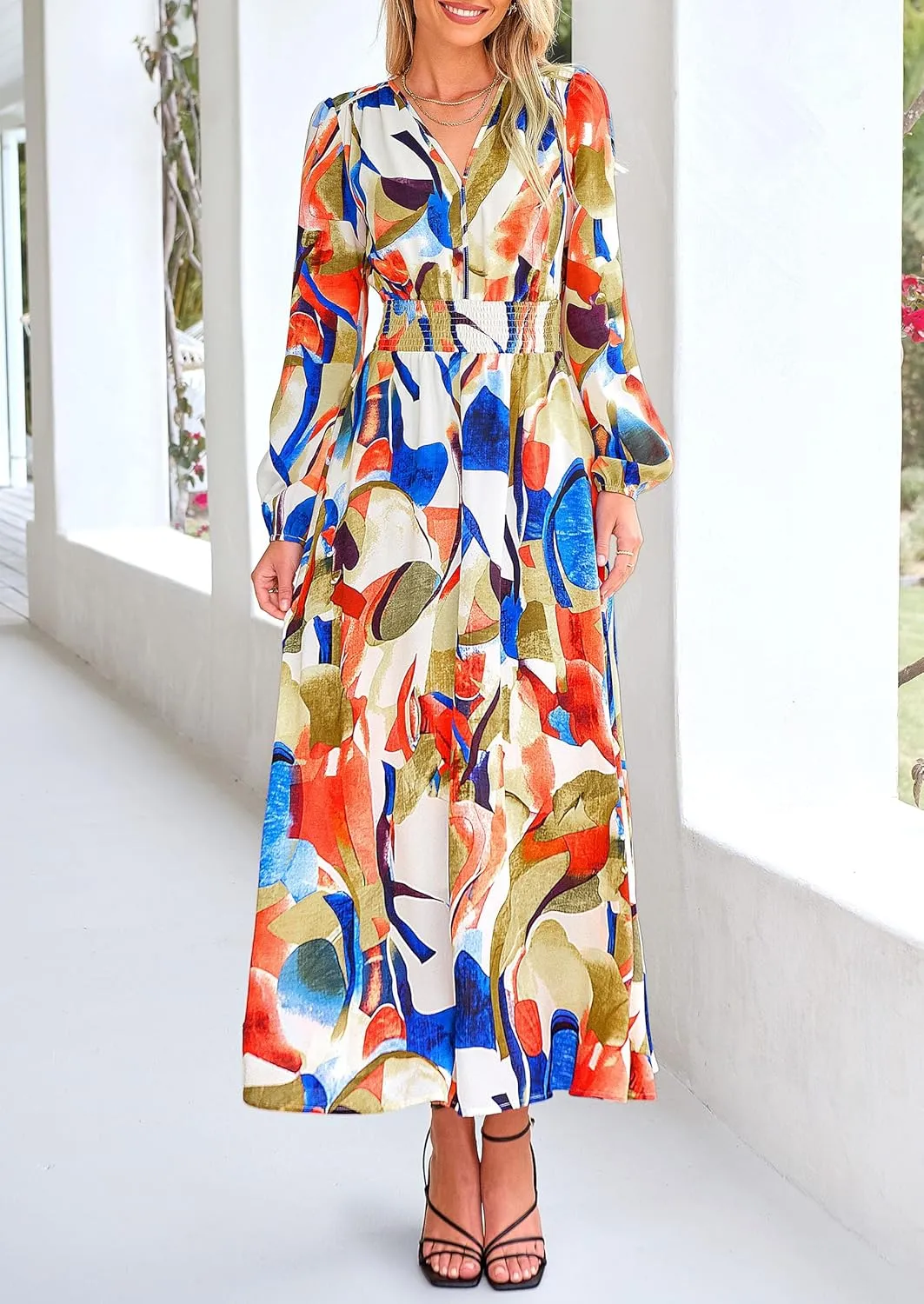 PRETTYGARDEN Women's Spring Floral Midi Dress Fall Long Sleeve V Neck Flowy Casual Beach Vacation Wedding Guest Dresses