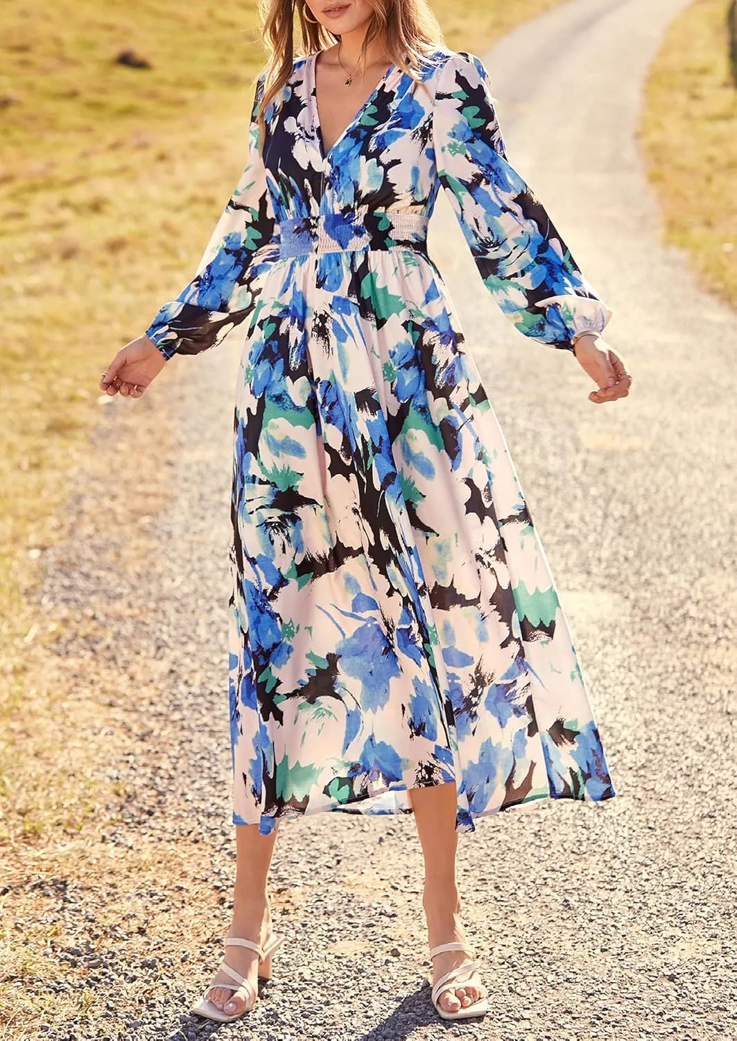 PRETTYGARDEN Women's Spring Floral Midi Dress Fall Long Sleeve V Neck Flowy Casual Beach Vacation Wedding Guest Dresses