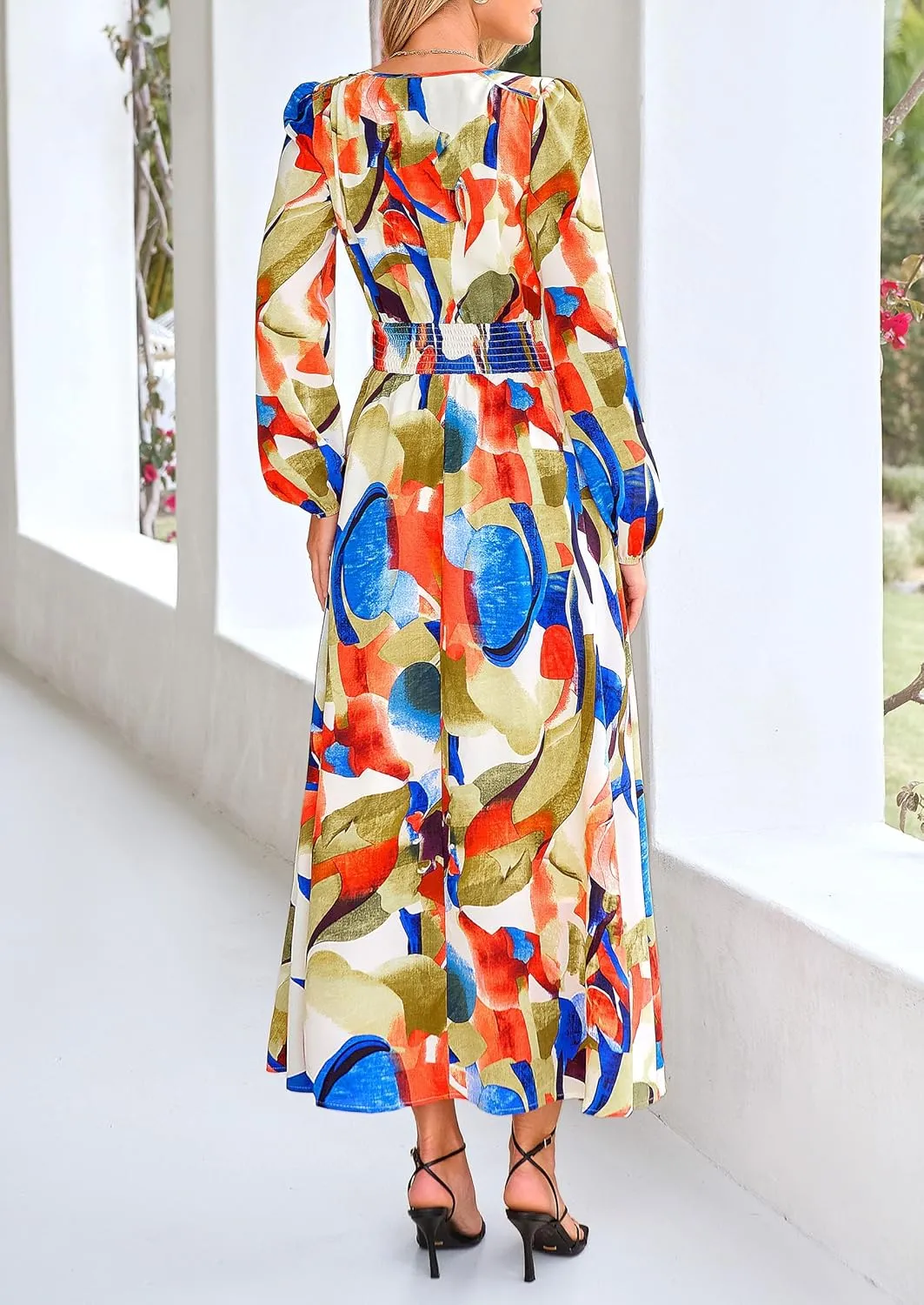 PRETTYGARDEN Women's Spring Floral Midi Dress Fall Long Sleeve V Neck Flowy Casual Beach Vacation Wedding Guest Dresses