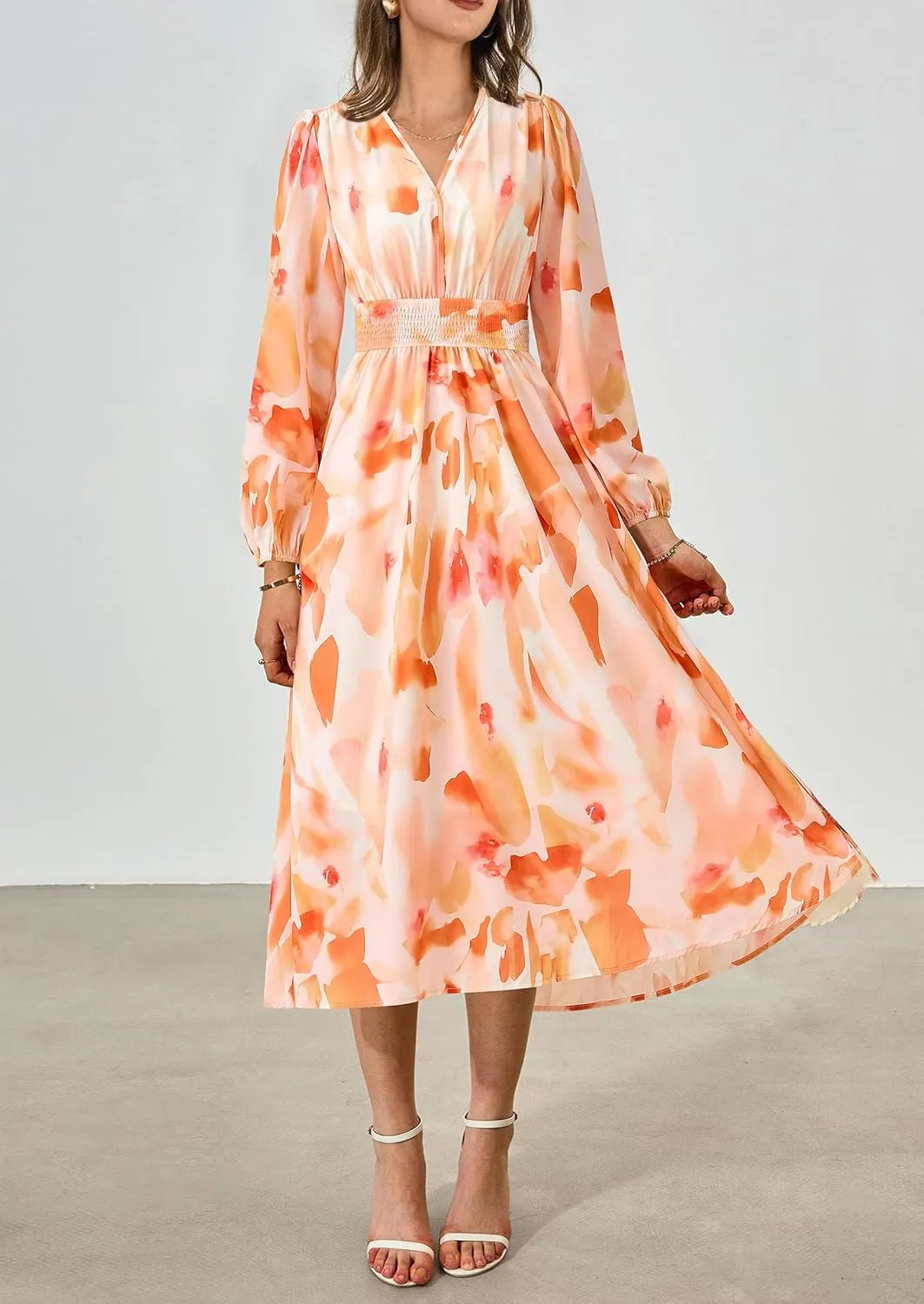 PRETTYGARDEN Women's Spring Floral Midi Dress Fall Long Sleeve V Neck Flowy Casual Beach Vacation Wedding Guest Dresses