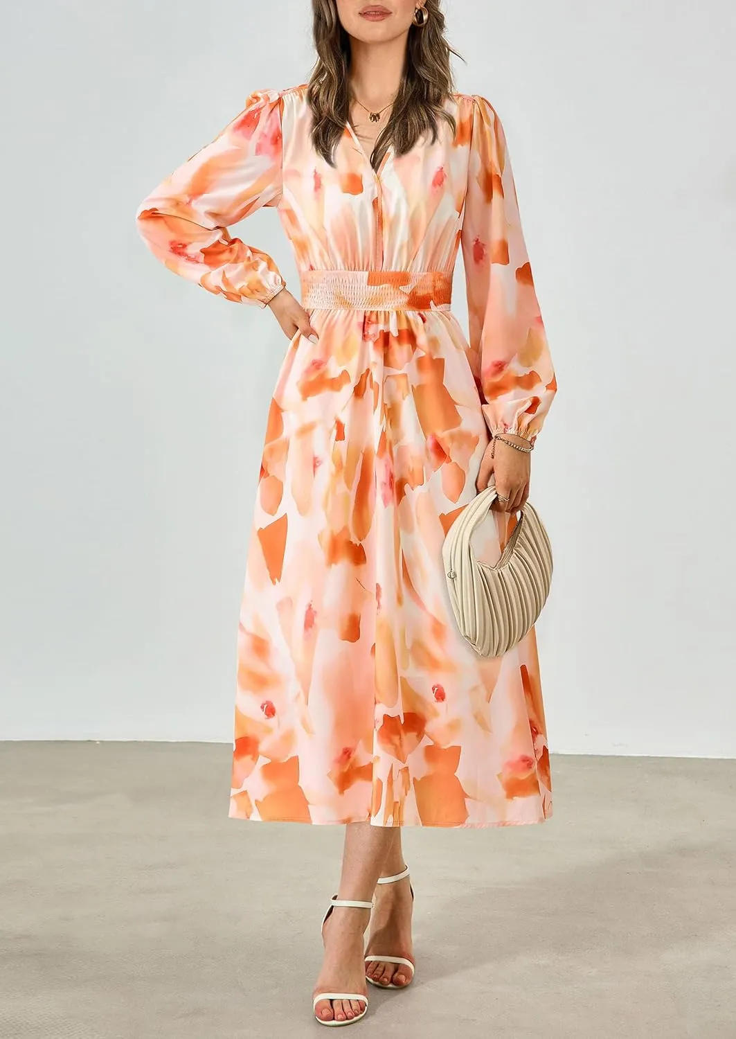 PRETTYGARDEN Women's Spring Floral Midi Dress Fall Long Sleeve V Neck Flowy Casual Beach Vacation Wedding Guest Dresses